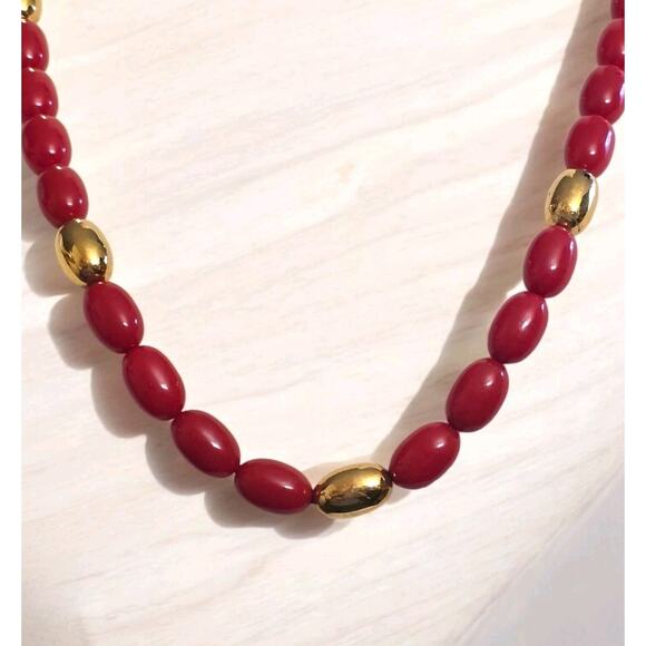 Vintage Napier Necklace Bright Red Gold Tone Oval Shaped Beads 28" L SKU 2258 - Picture 3 of 12